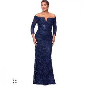 Xscape Navy Off-Shoulder Sequin Lace Gown